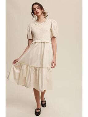 Listicle Smocked Crinkle Bodice Puff Sleeve Tiered Midi Dress S Cream Cottage